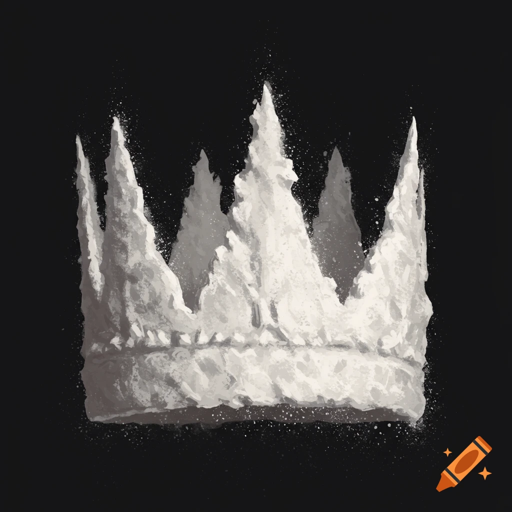 A rugged white crown on a dark background in a painterly style