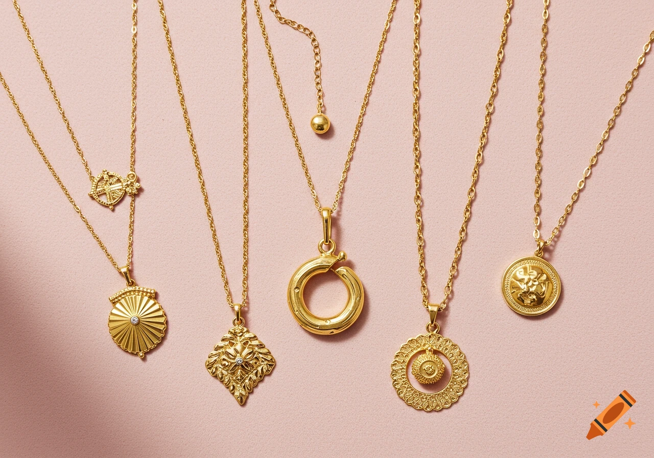 Five gold necklaces with different pendants laid flat on a light pink surface.