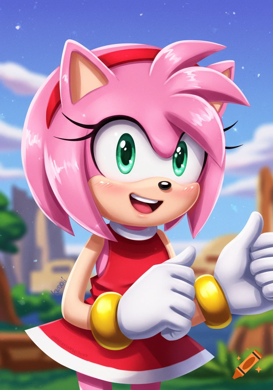 Anime drawing of Amy Rose giving thumbs up against a background.