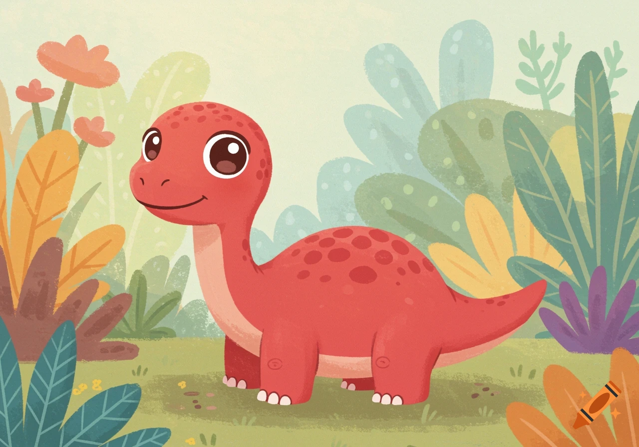 A cute red baby dinosaur stands in a forest, illustrated in a children's book style.