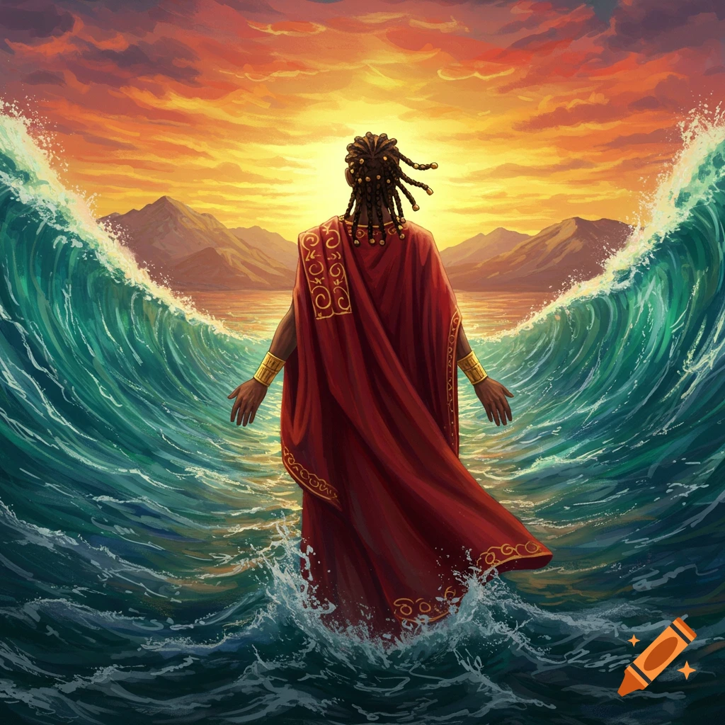 Figure with dreadlocks in red robe parting the sea at sunset, fantasy illustration.
