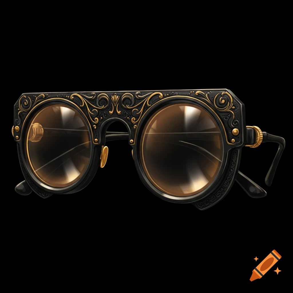 Ornate black and gold glasses on a black background.