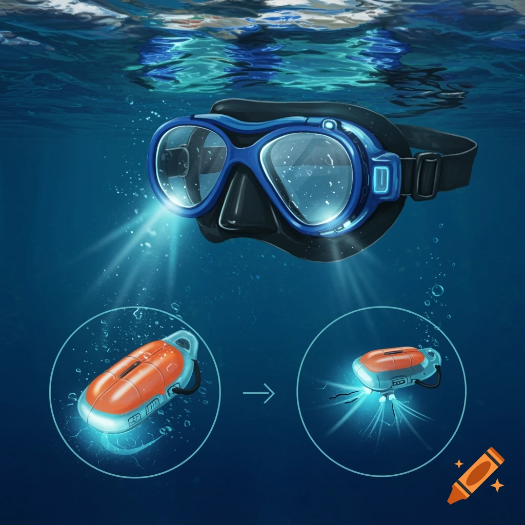 Illustrative image of diving goggles and an orange flotation device deploying underwater.