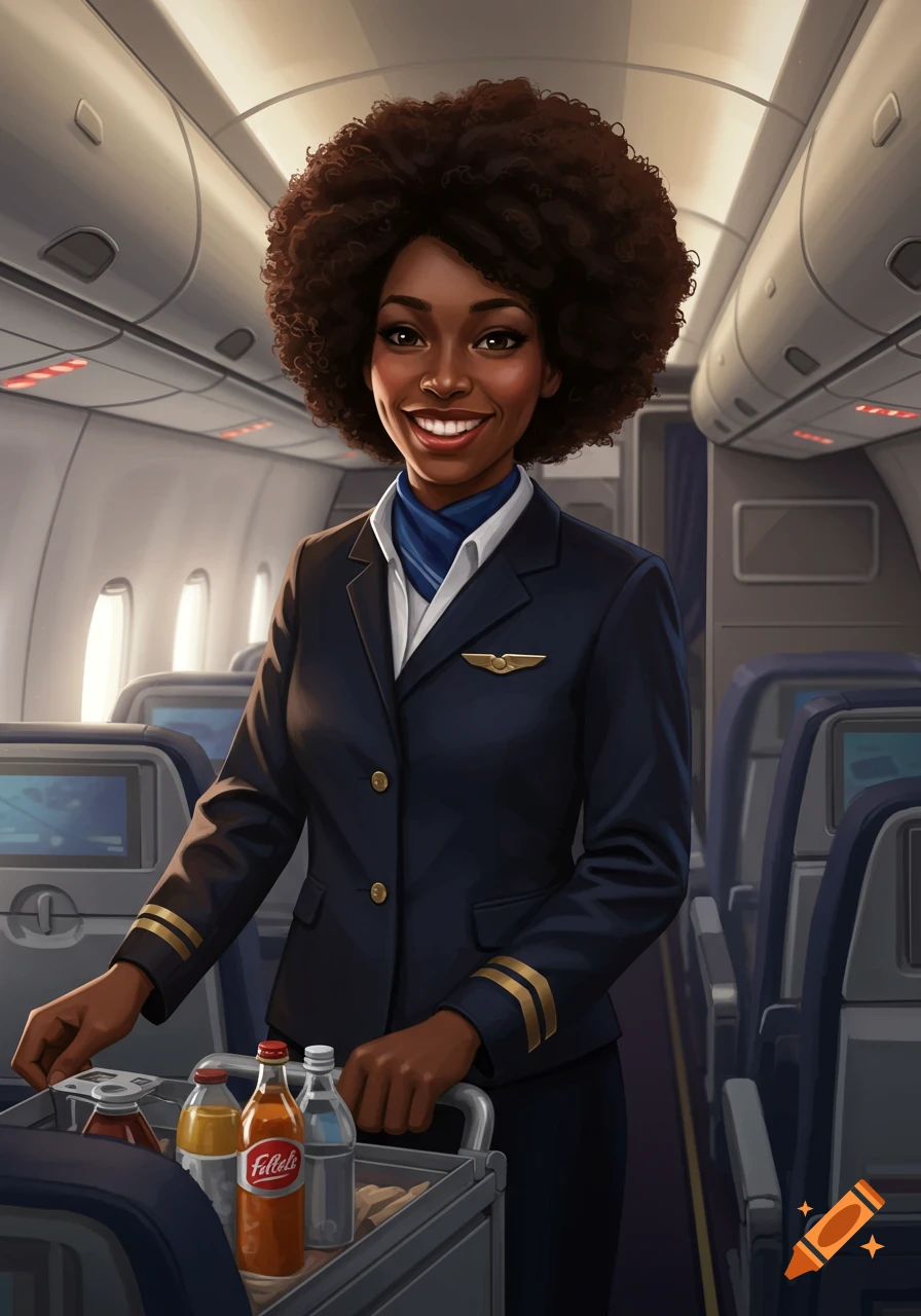 A smiling Black flight attendant with an afro stands in an airplane aisle, pushing a service cart.