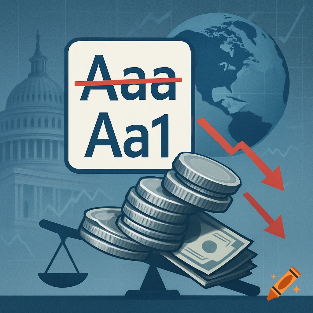 Stylized illustration of US credit rating downgrade with Capitol, globe, scale, money, and Aaa replaced by Aa1 icon.