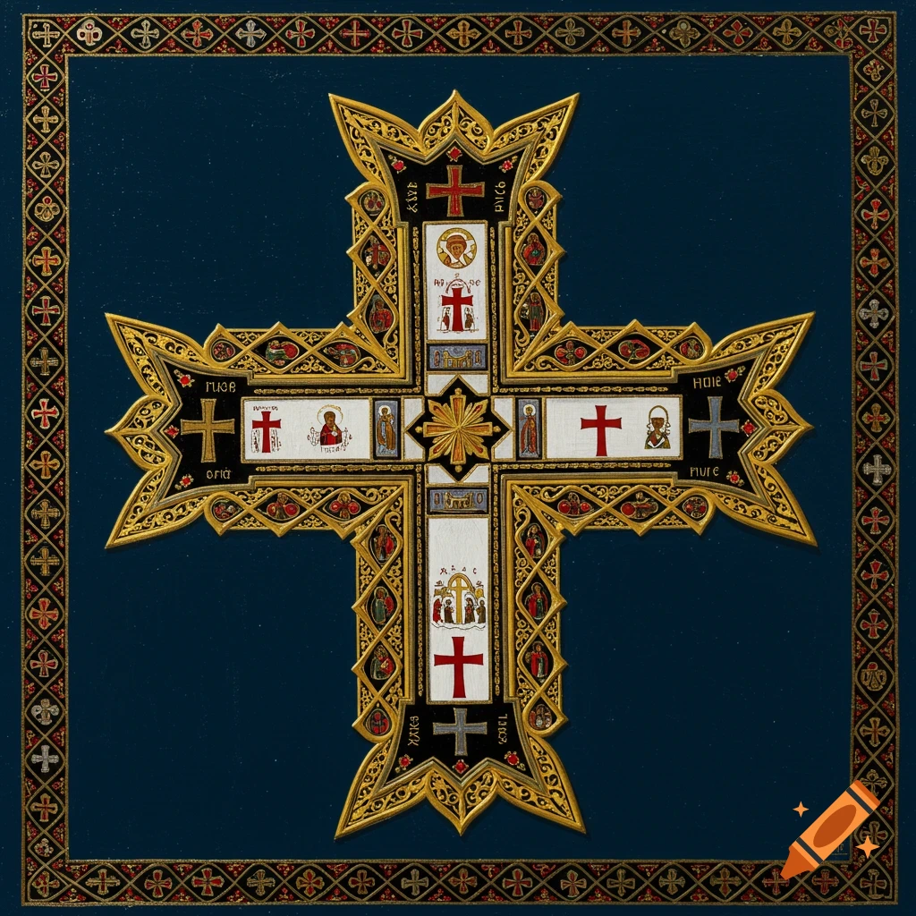 Ornate golden Jerusalem cross with decorative border and small figures on a blue background.