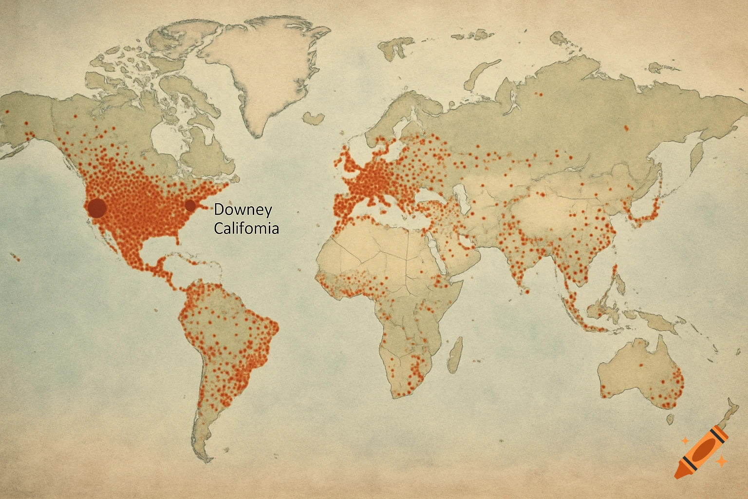 A vintage-style world map showing red dots concentrated in North America, Europe, and other regions, with 'Downey Califomia' labeled.