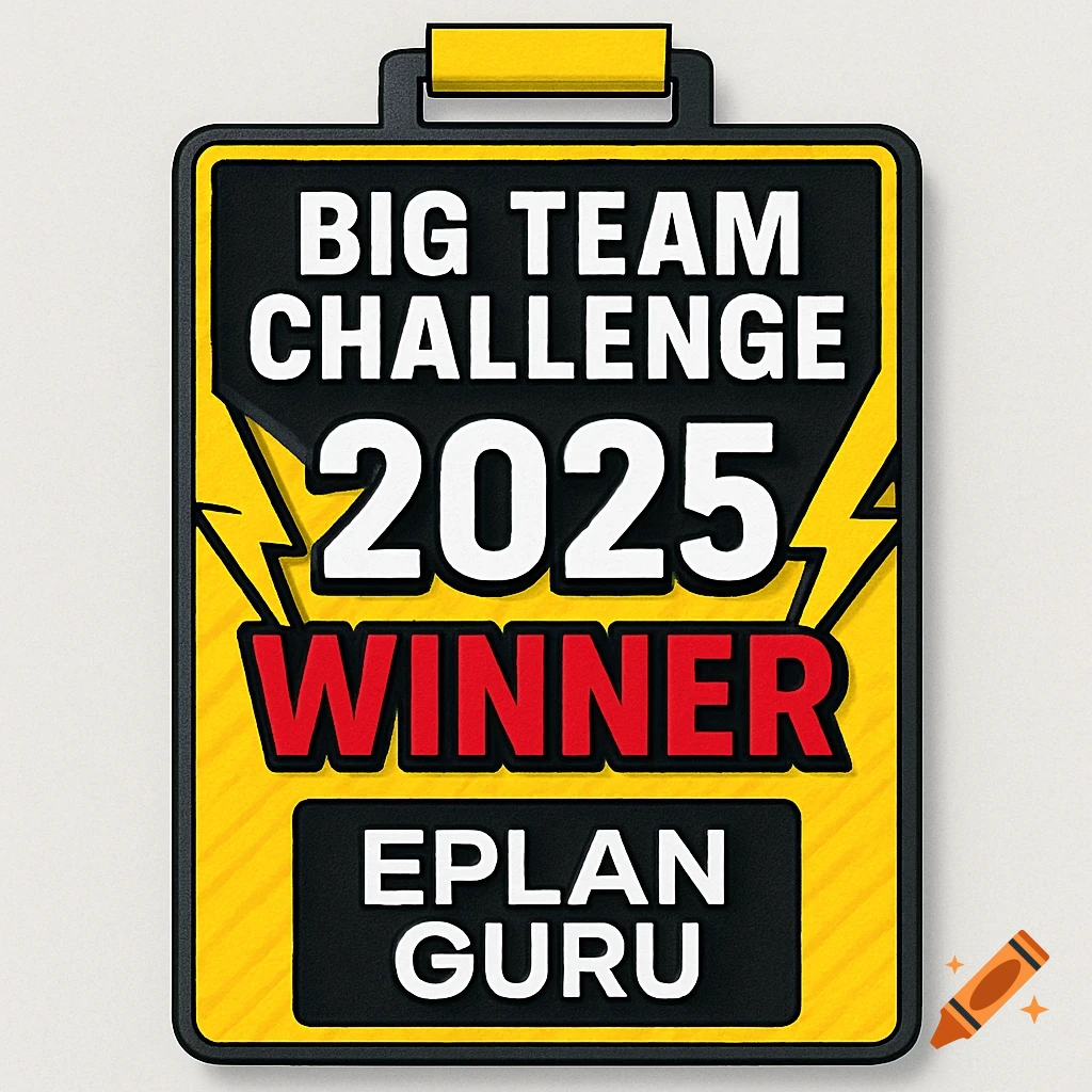 A rectangular yellow, black, and red medal with lightning bolts, text reads 'BIG TEAM CHALLENGE 2025 WINNER EPLAN GURU'.