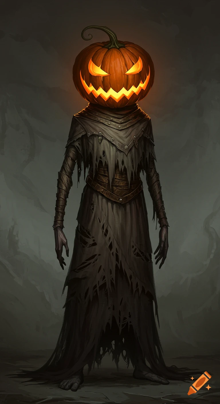 Spooky figure with a glowing pumpkin head and ripped clothes standing.