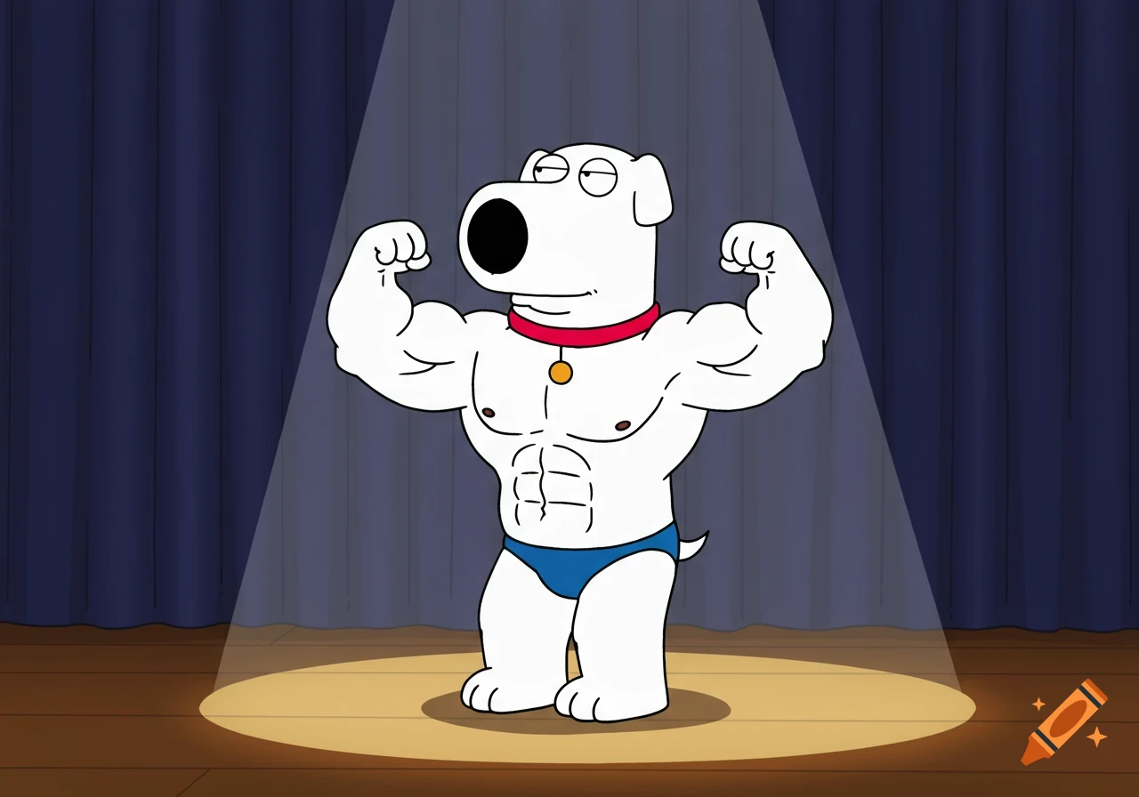 Brian, the Family Guy dog, flexing on a bodybuilding stage wearing a blue speedo.