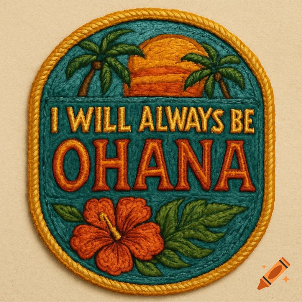 Embroidered patch with tropical scene, palm trees, sunset, hibiscus flower, and text 'I Will Always Be Ohana'