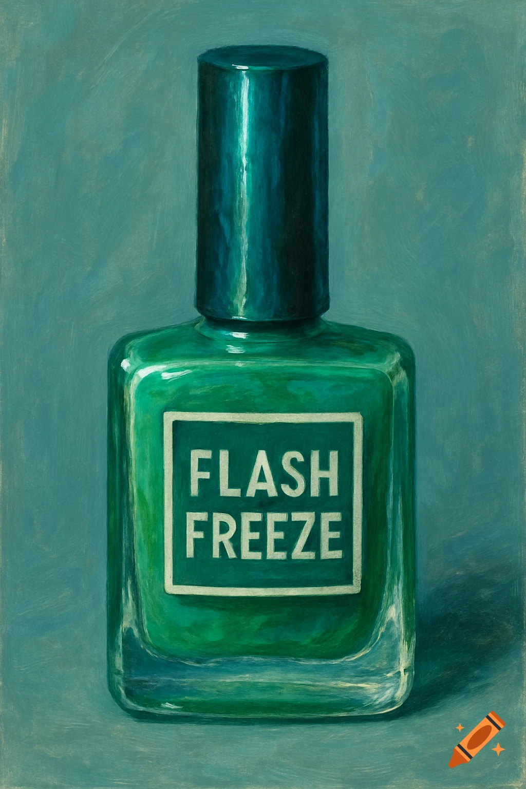 A painterly still life of a green nail polish bottle with 'FLASH FREEZE' on the label.