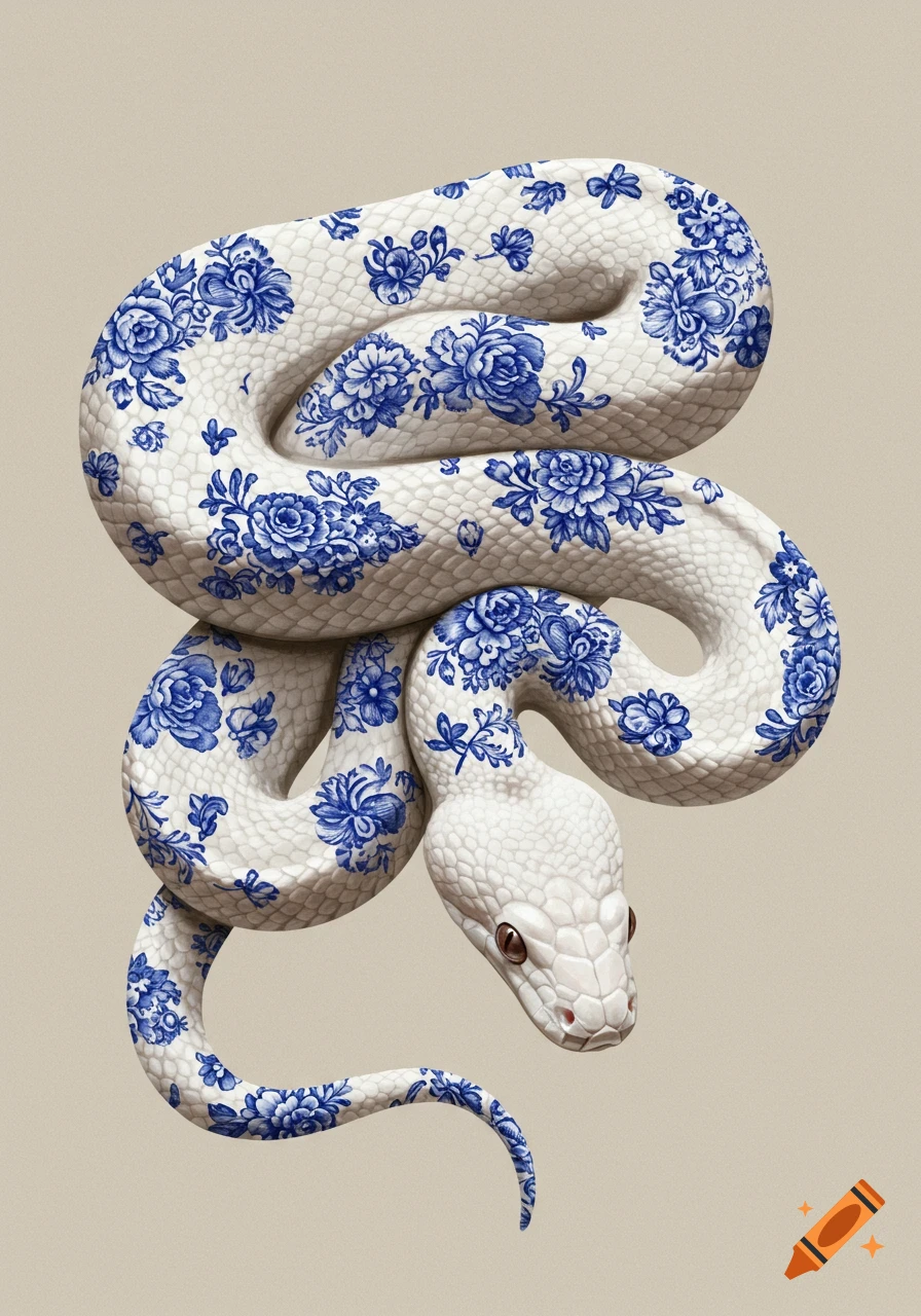 A white snake curled up, covered in a blue and white floral ceramic pattern.