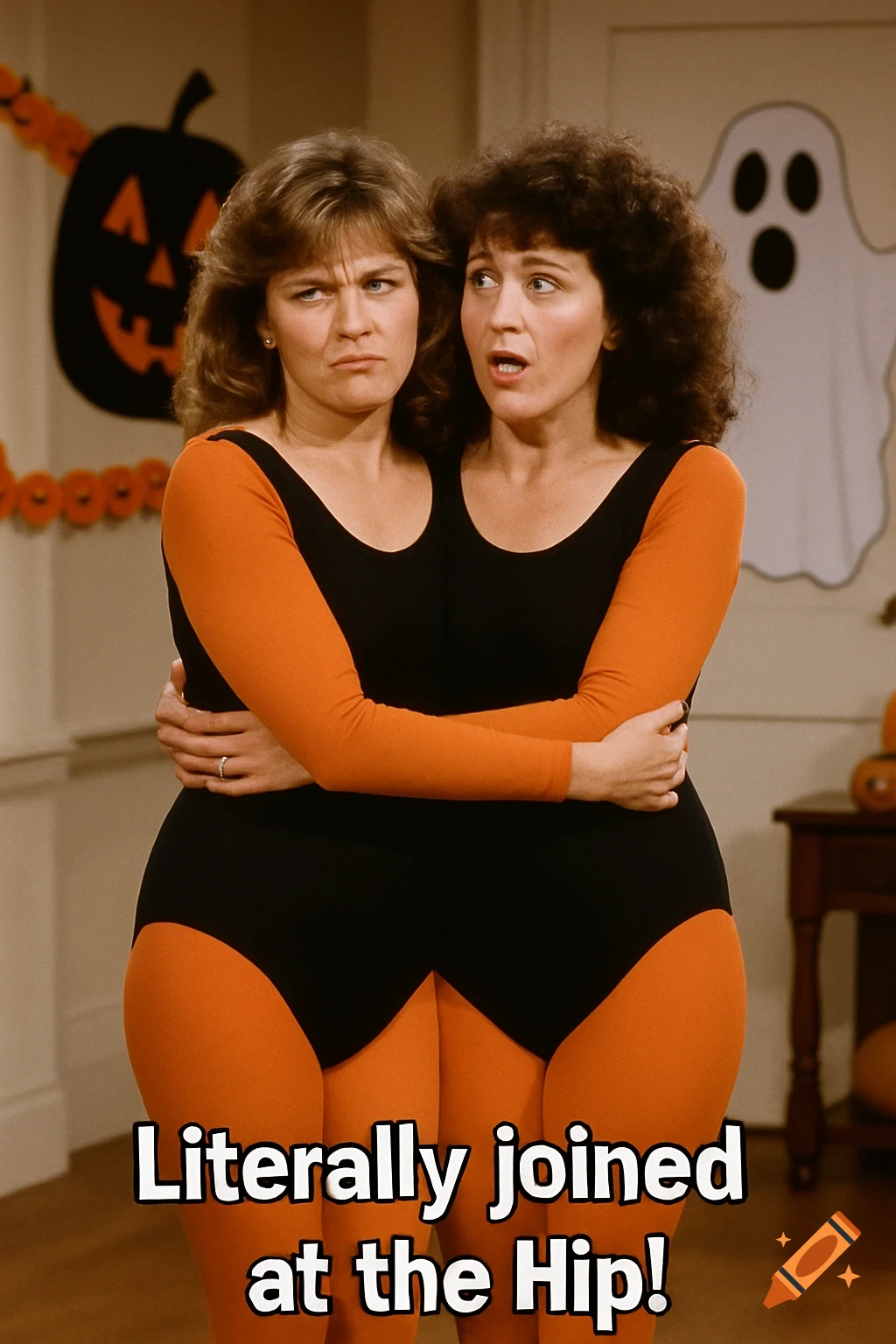 Two women wearing black and orange leotards appear joined at the hip in a room with Halloween decorations.