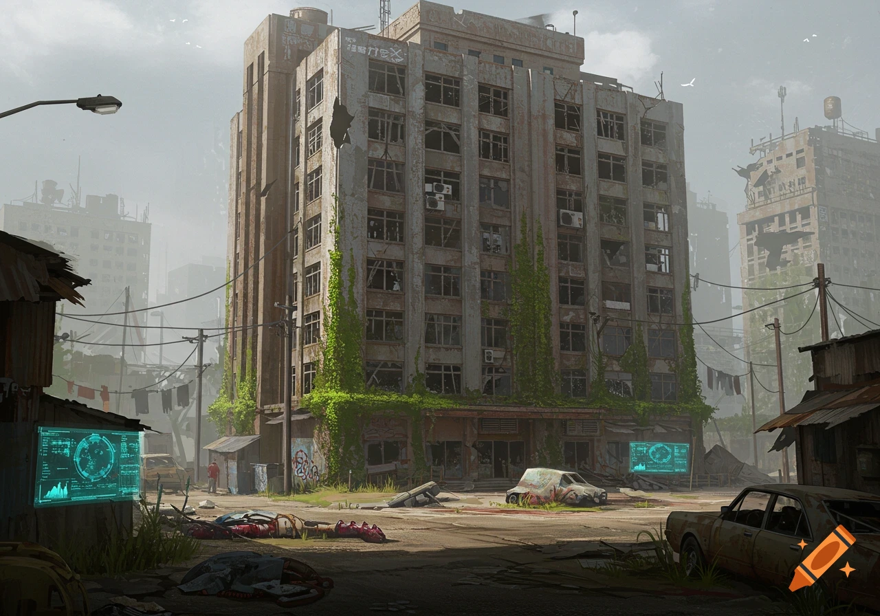 A post-apocalyptic city street scene showing a large, crumbling office building overgrown with vines, abandoned cars, debris, and glowing screens on the ground.