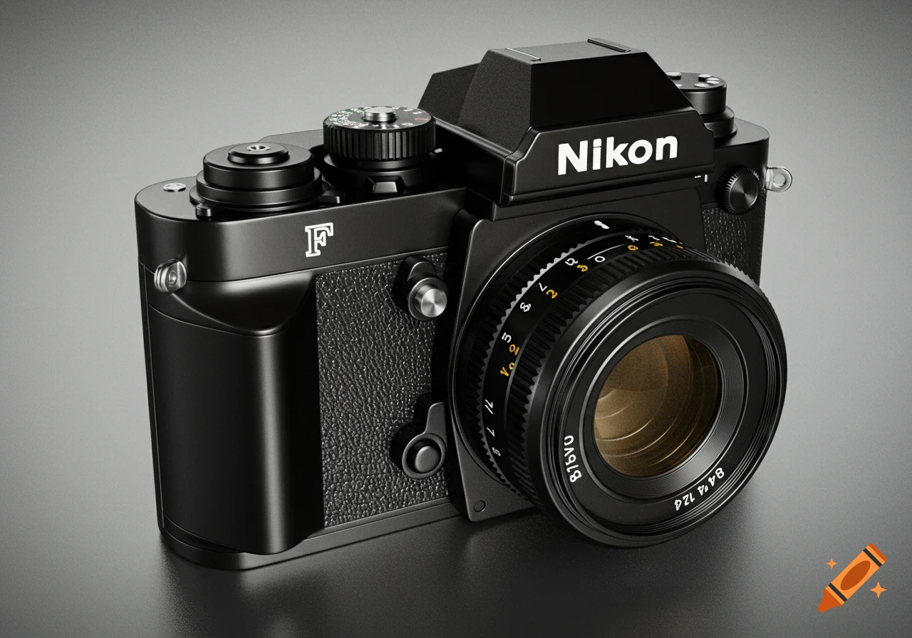 Close-up photorealistic render of a black Nikon rangefinder-style camera with a lens.
