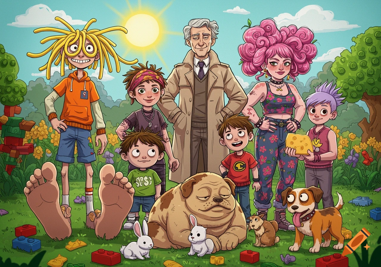 A whimsical cartoon group portrait of quirky characters, including people, dogs, and rabbits, surrounded by Lego bricks.