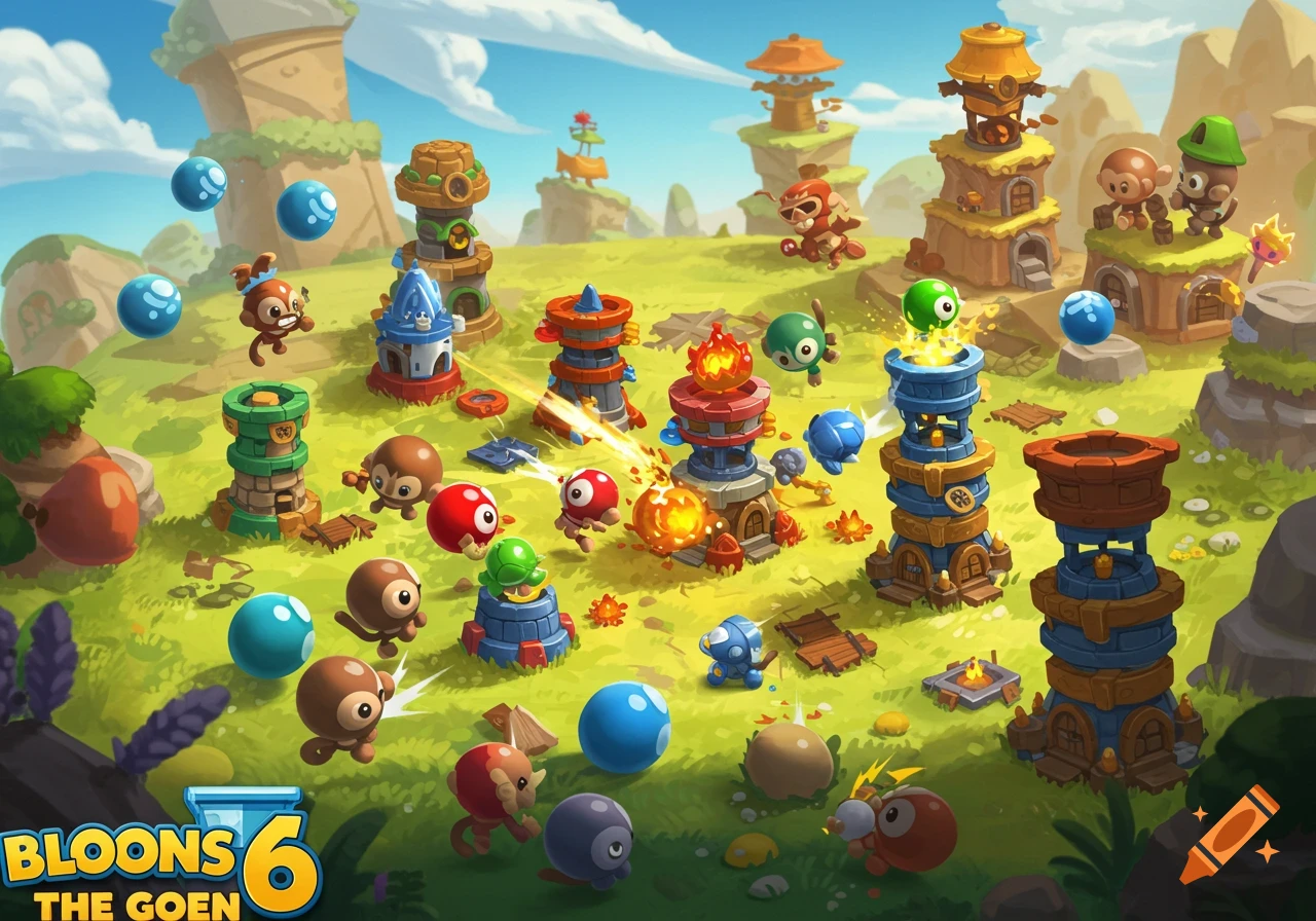 Cartoon monkeys and towers battle colorful balloons in a grassy landscape with a game logo.