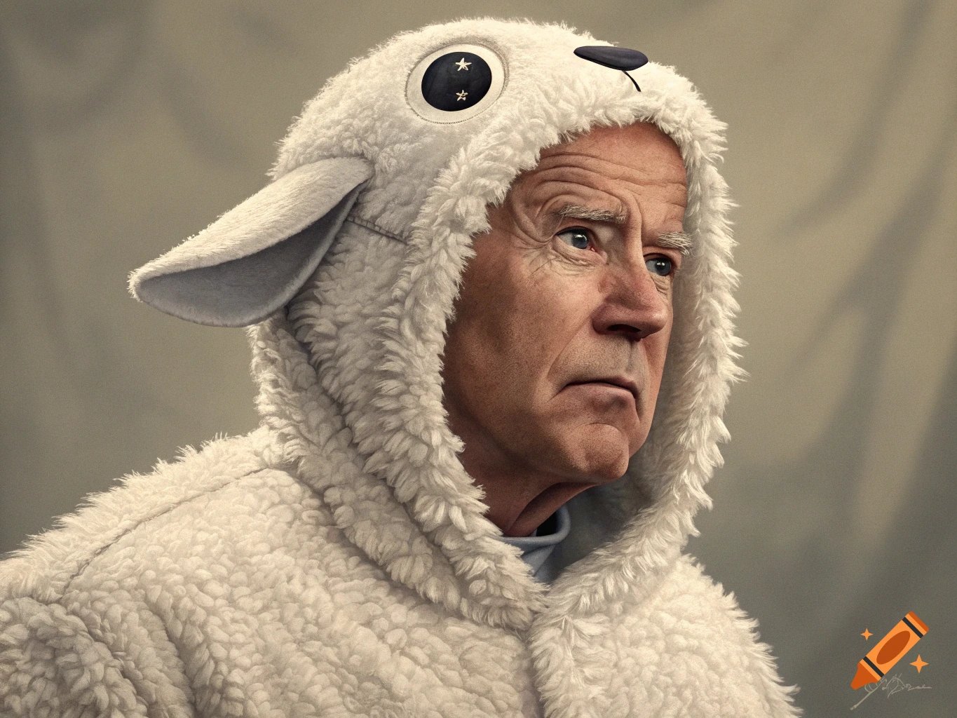 Portrait of Joe Biden wearing a fluffy white sheep costume