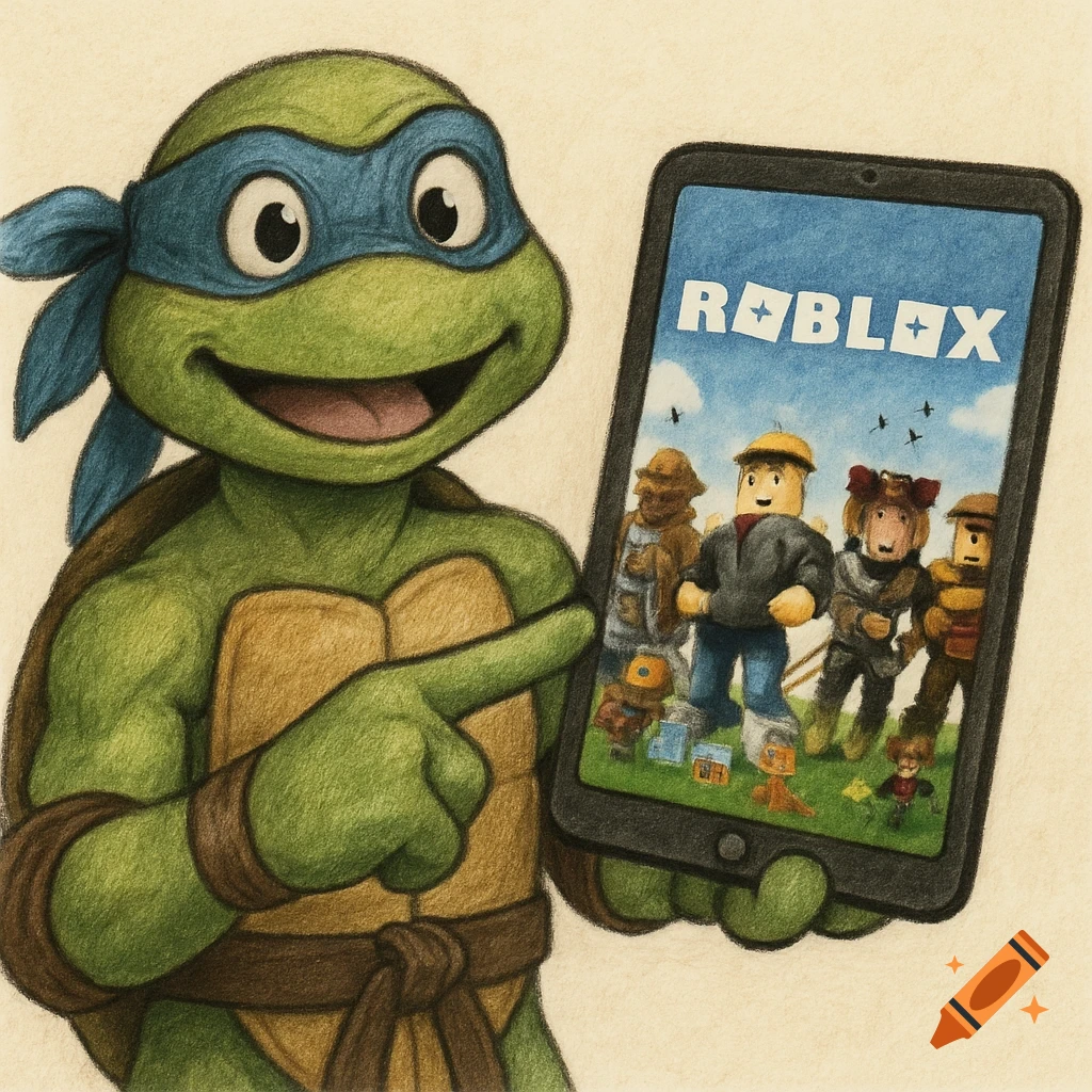 Drawing of a Teenage Mutant Ninja Turtle pointing at a tablet displaying the Roblox logo and blocky characters.
