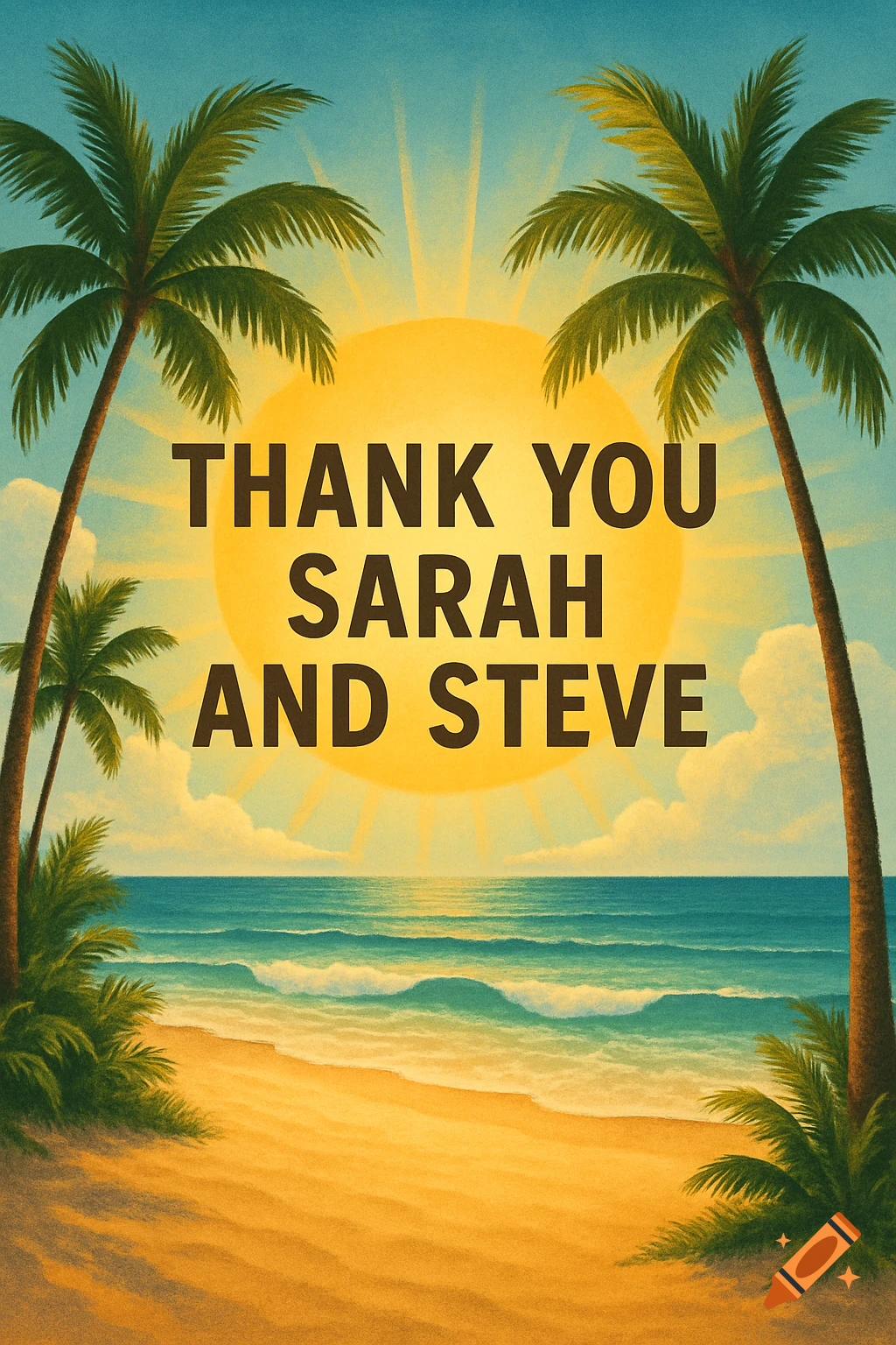 A tropical beach scene with palm trees, ocean waves, and a large sun, with the text "Thank You Sarah and Steve" written over the sun.