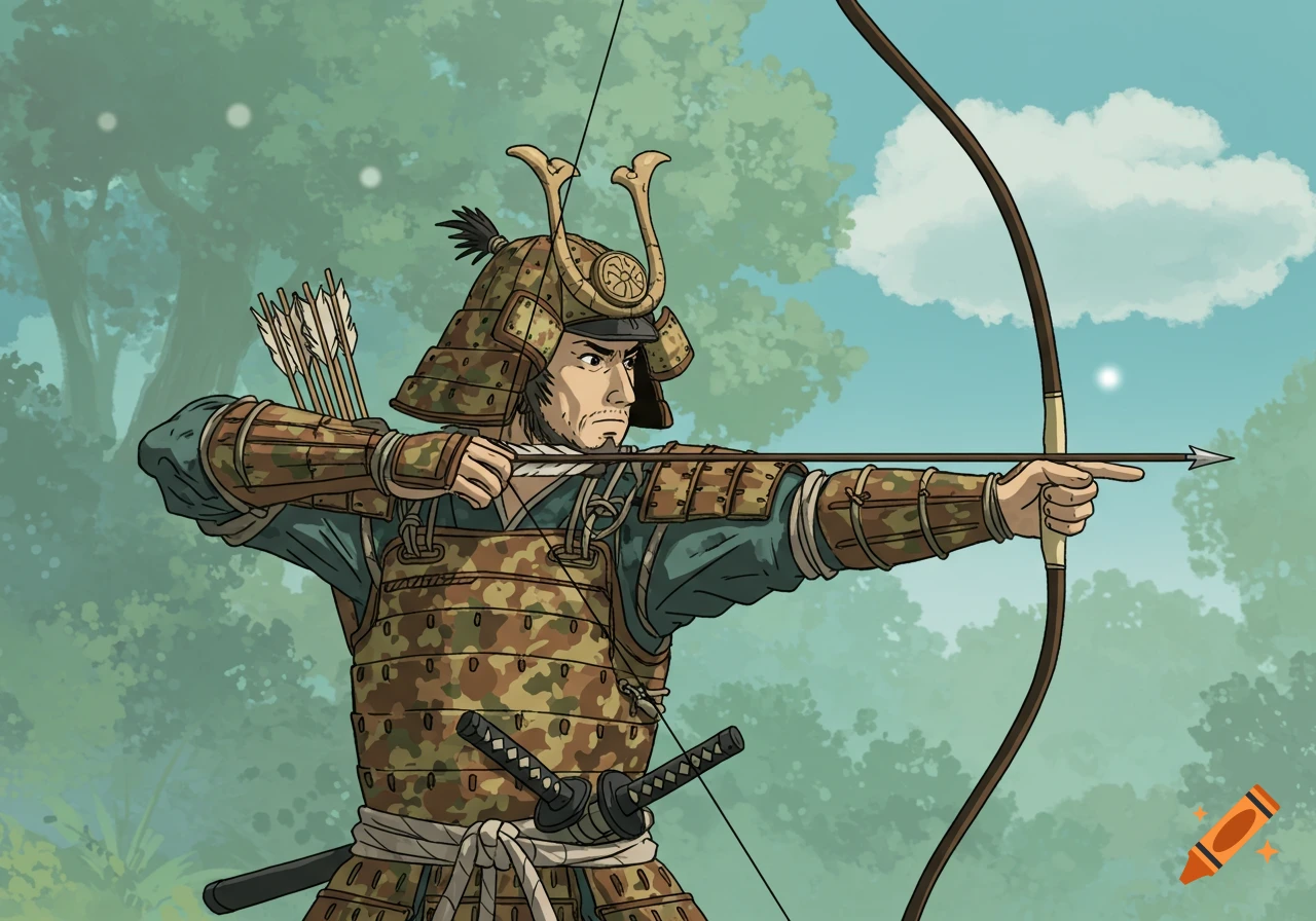 A samurai in camouflage armor draws a bow and arrow in a forest, in Studio Ghibli style illustration.