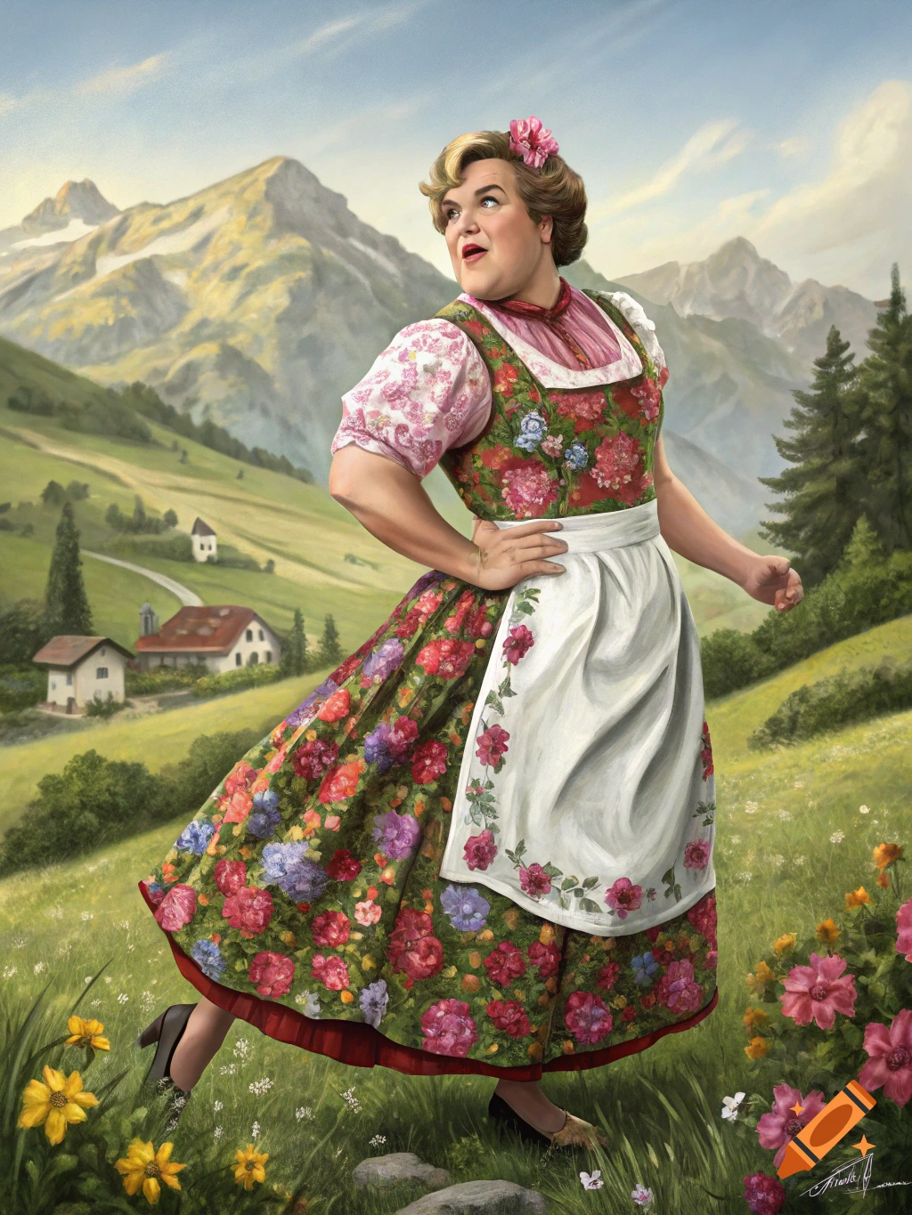 Painting of Jack Black dressed as Maria in a floral dirndl and apron, posing in a mountain meadow.