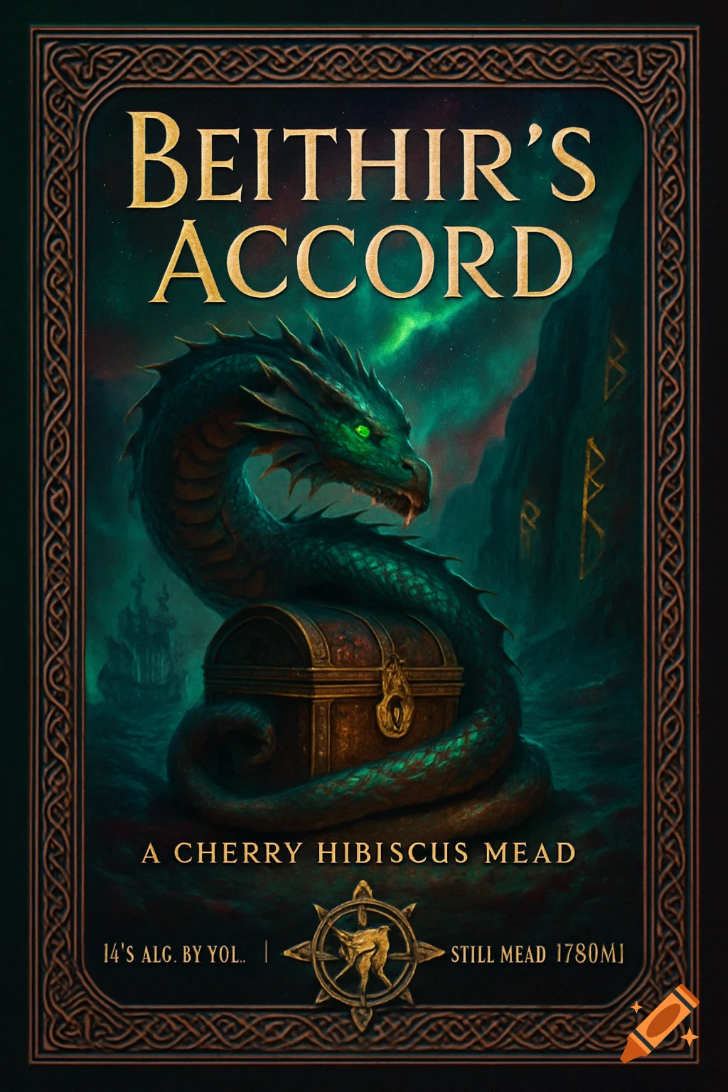 Fantasy bottle label with green dragon on a treasure chest, ship, northern lights, and Celtic border.