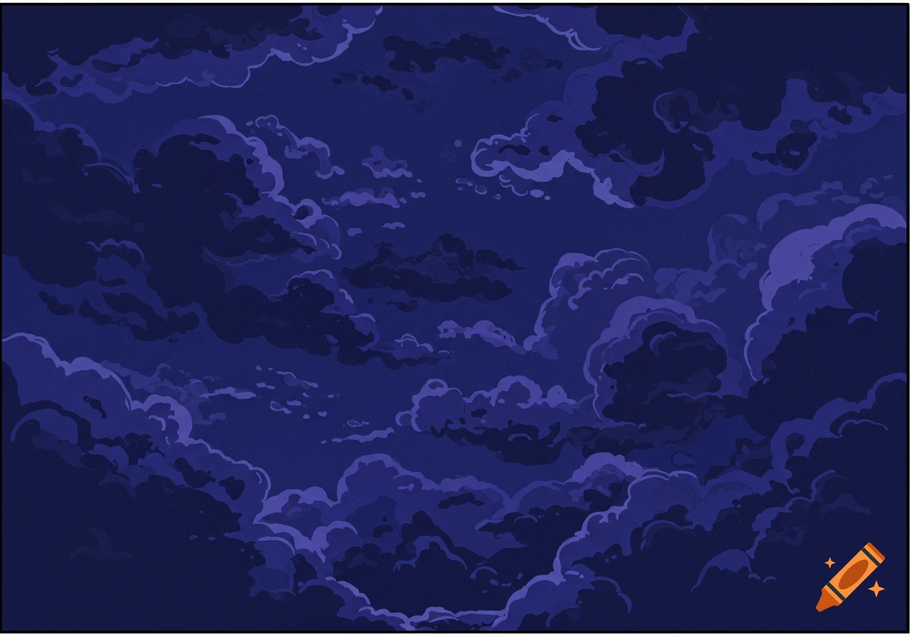 A dark indigo sky filled with stylized, swirling cartoon clouds.