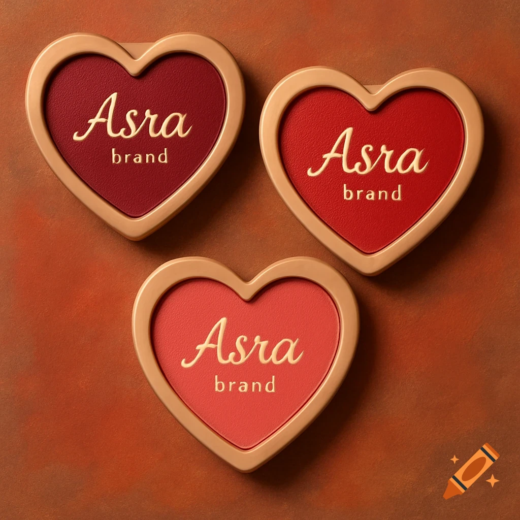 Three heart-shaped blushes in different red shades with 'Asra brand' text on a textured background.