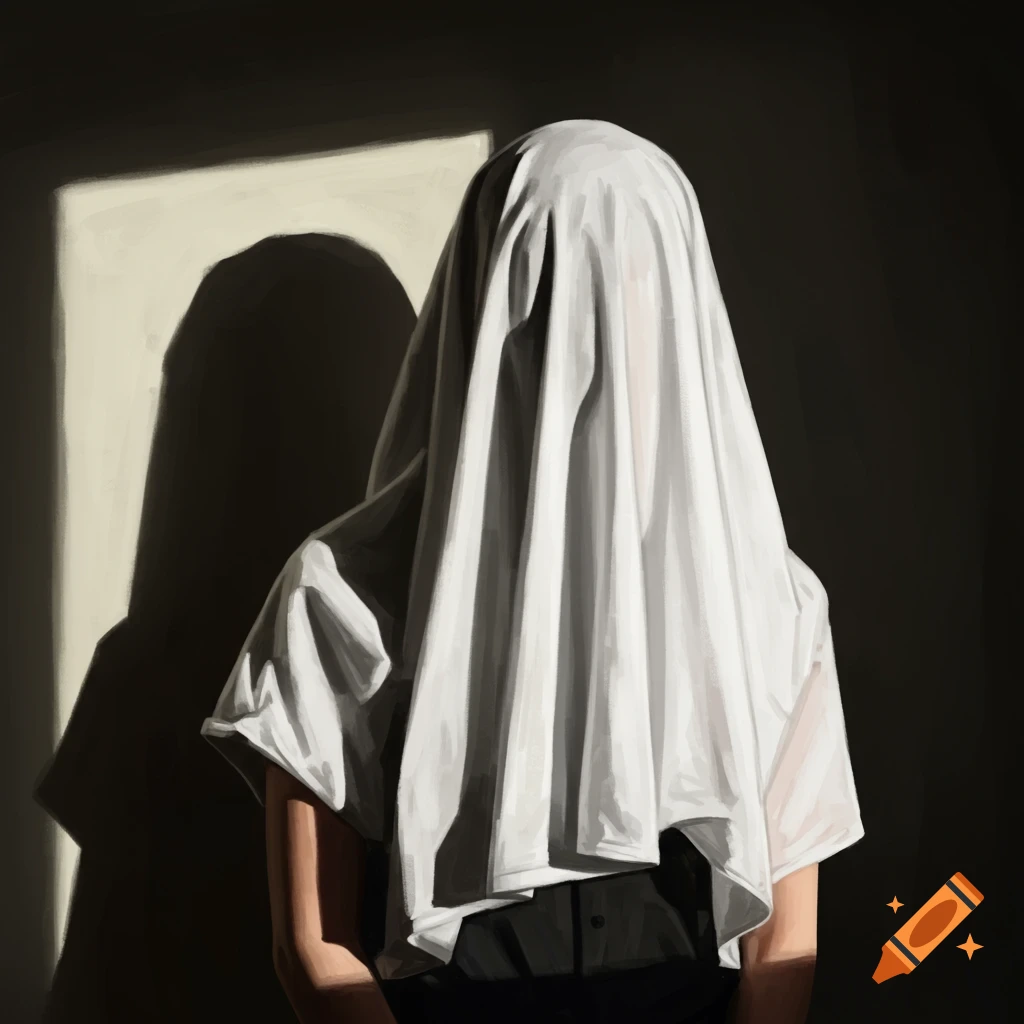Digital painting of a figure covered in a white sheet standing in sunlight casting a large shadow