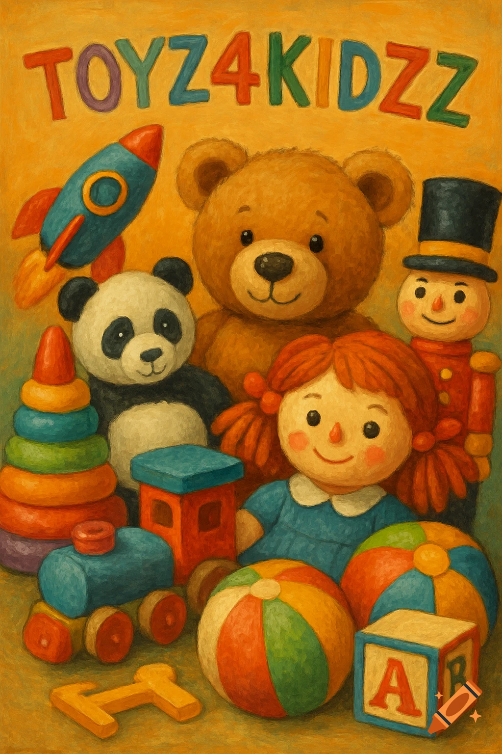 Painted illustration of various colorful toys including a bear, panda, doll, rocket, and blocks, with 'TOYZ4KIDZZ' text.