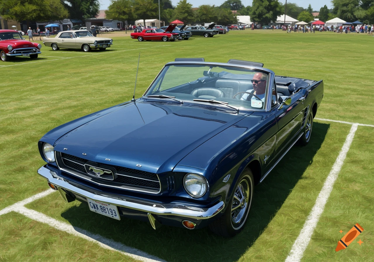 A navy blue Ford Mustang convertible parked on grass at a car show.