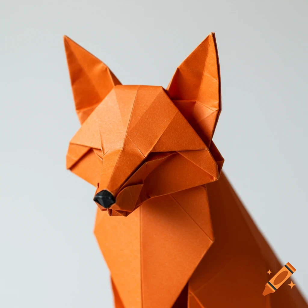 Orange origami fox head and chest against a grey background.