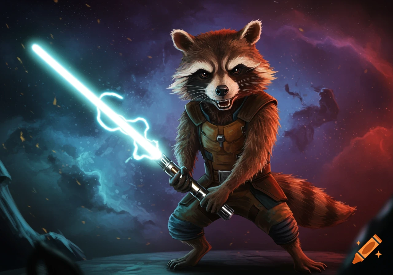 A raccoon-like character in armor holds a glowing blue lightsaber in a space setting.