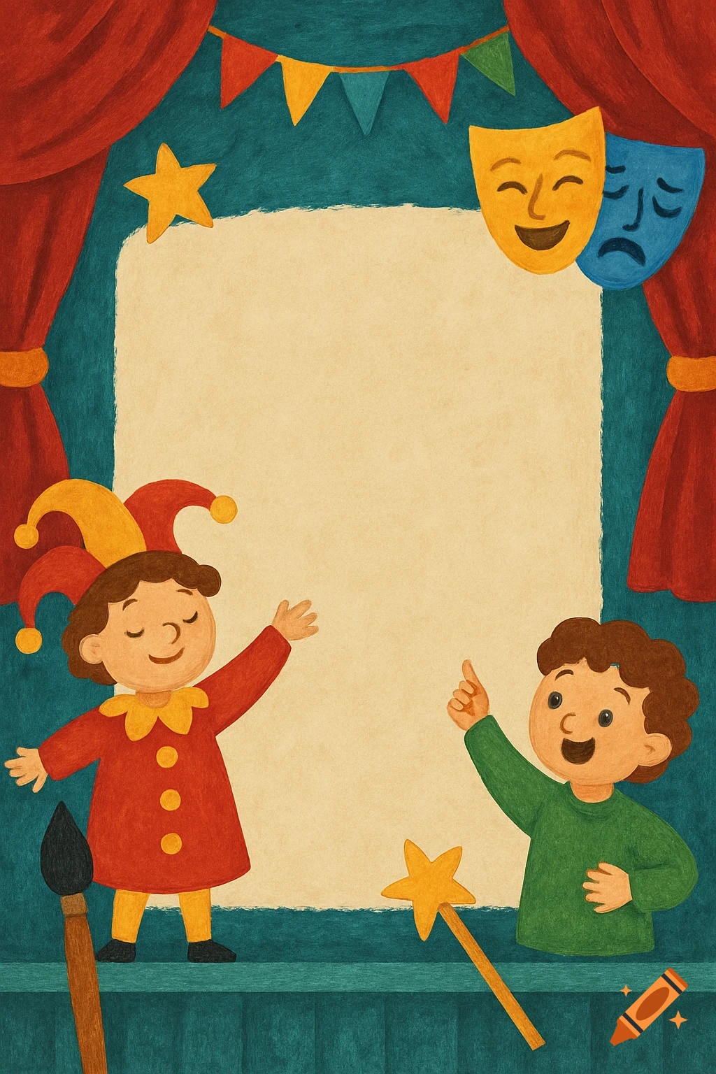 Illustration of a theatre stage with red curtains, masks, two children, and a large blank space for text.