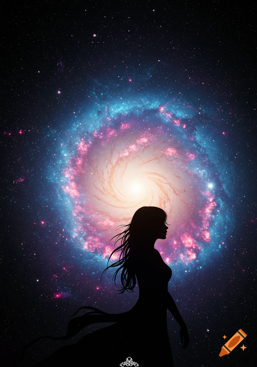 Silhouette of a woman against a swirling galaxy on Craiyon