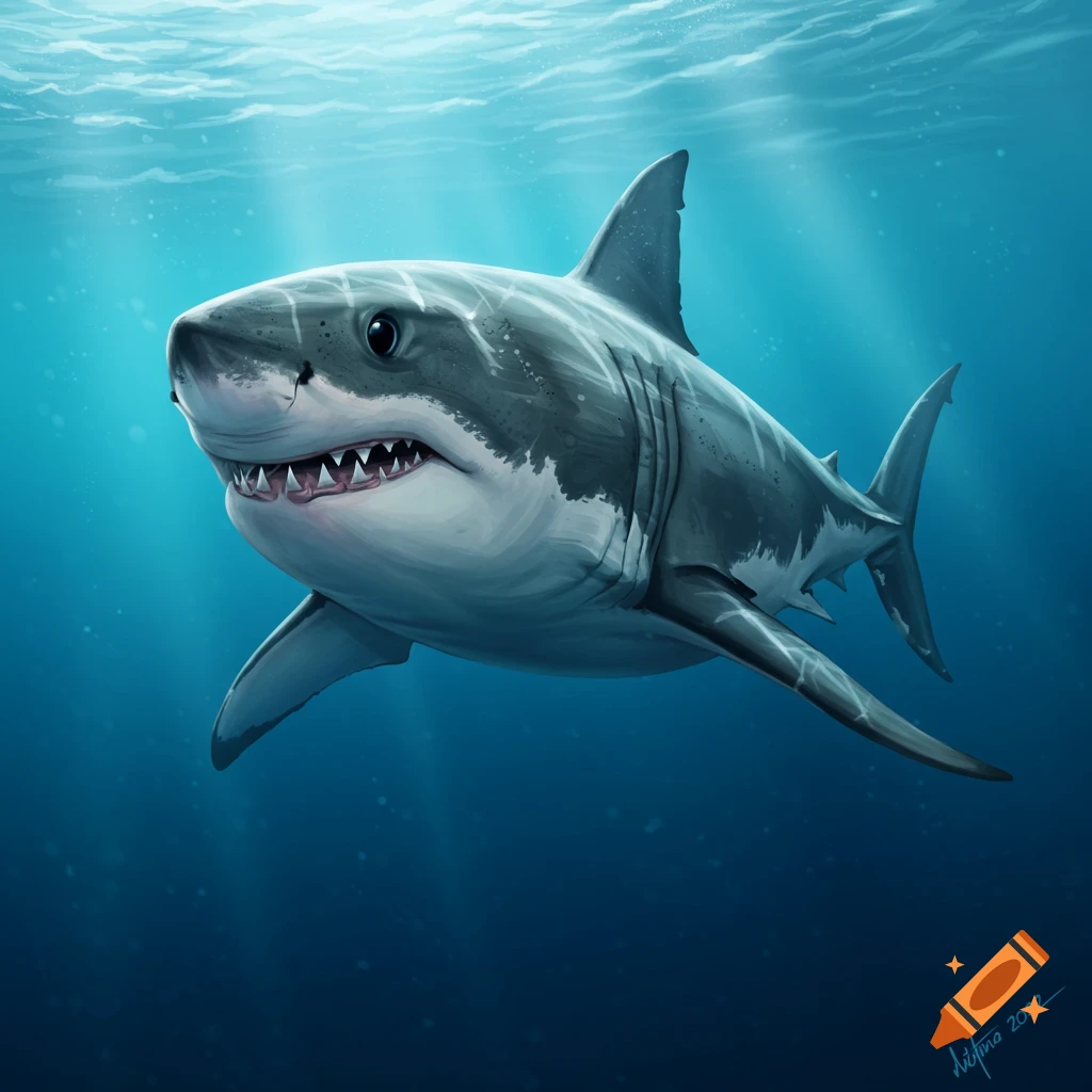 An illustration of a great white shark swimming underwater.