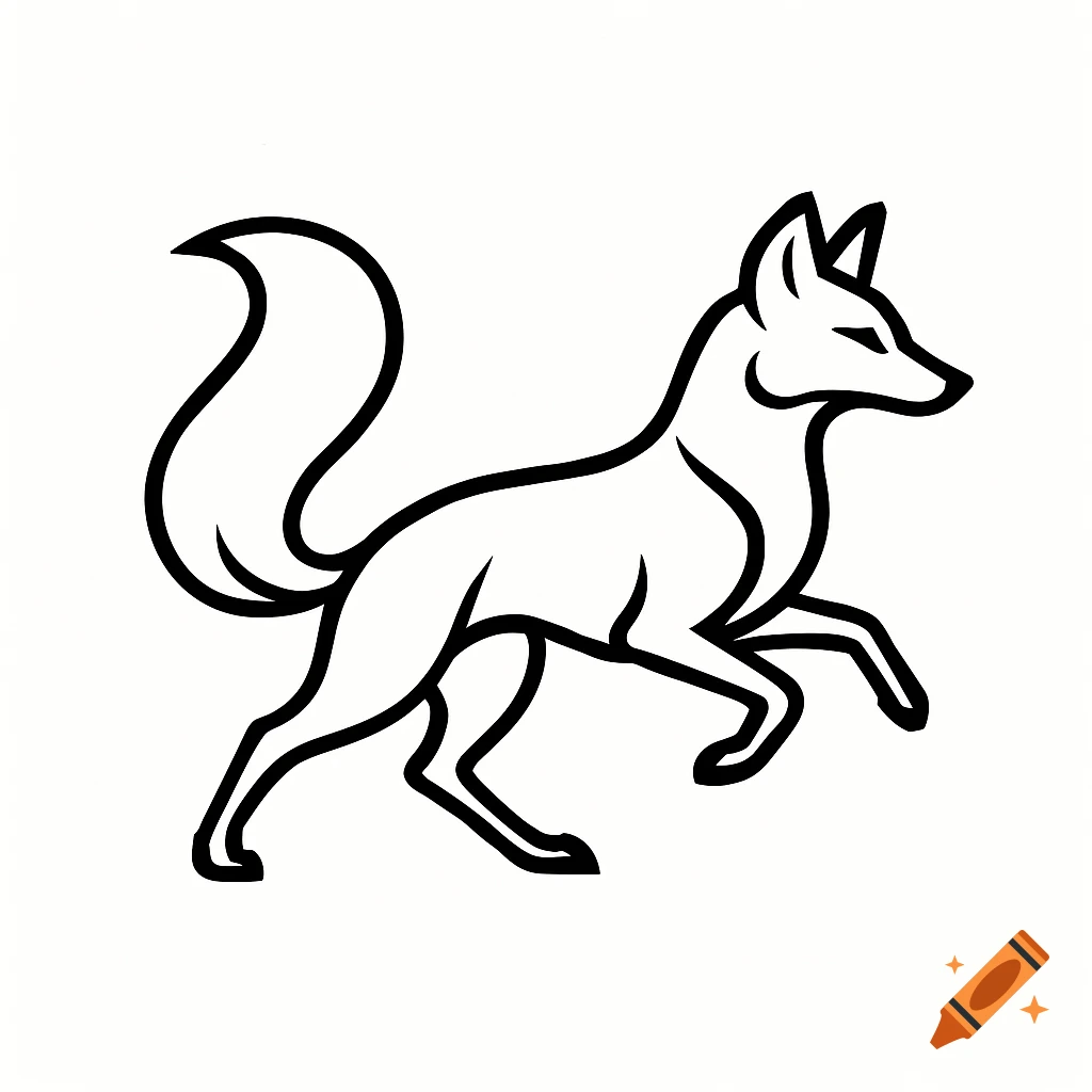 Black and white line art of a dynamic fox walking.
