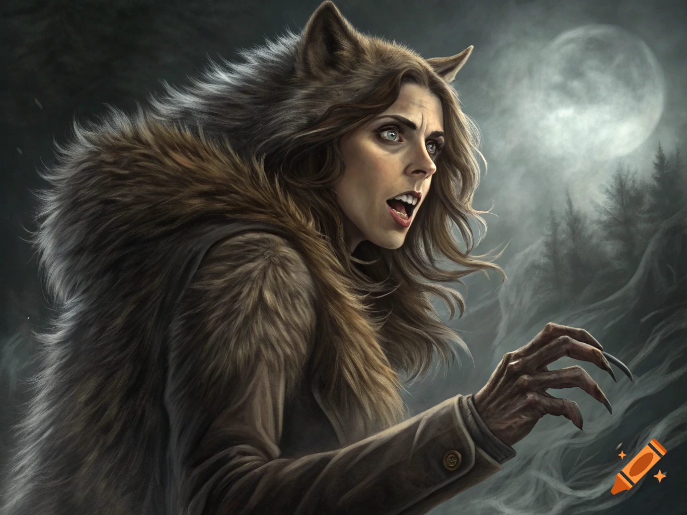A woman mid-transformation into a werewolf under a full moon.