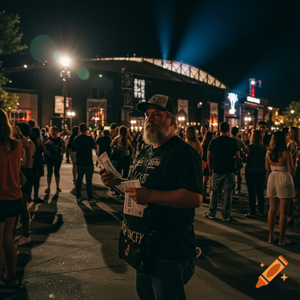 A man stands in a crowd holding tickets in front of a large venue at night, photorealistic.