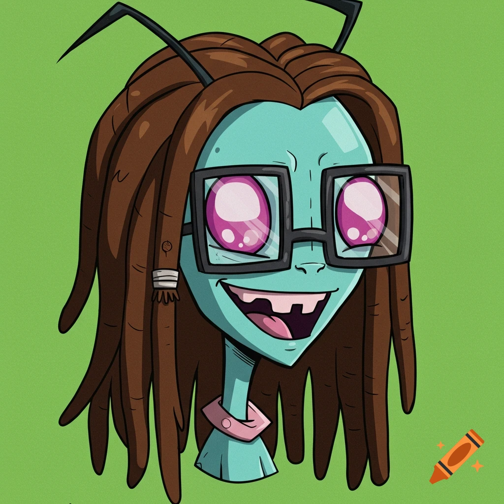 Cartoon alien with dreadlocks, square glasses, and pink eyes in the style of Invader Zim