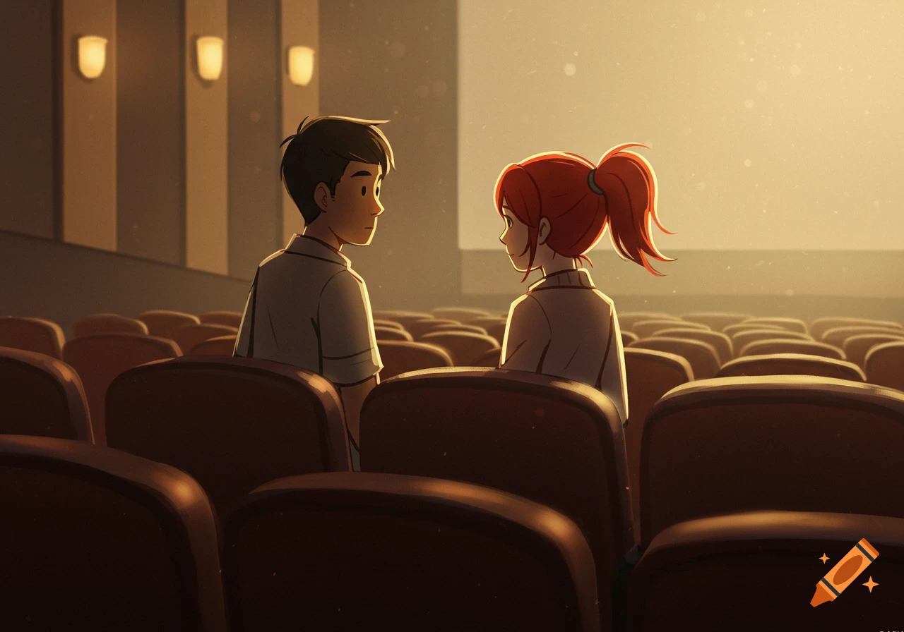 Two people facing each other in a movie theater in an animated style