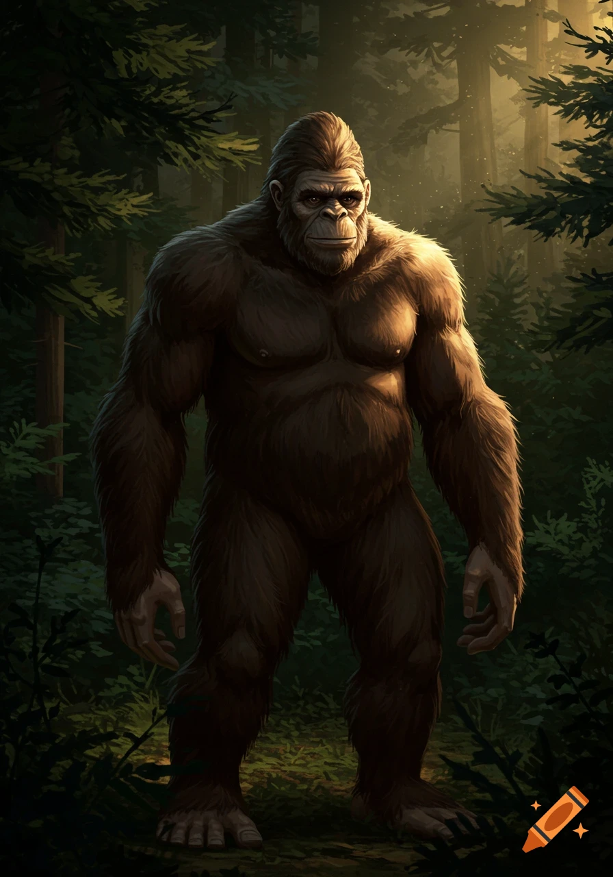 A tall, muscular, brown-furred Bigfoot stands in a dark, sunlit forest.