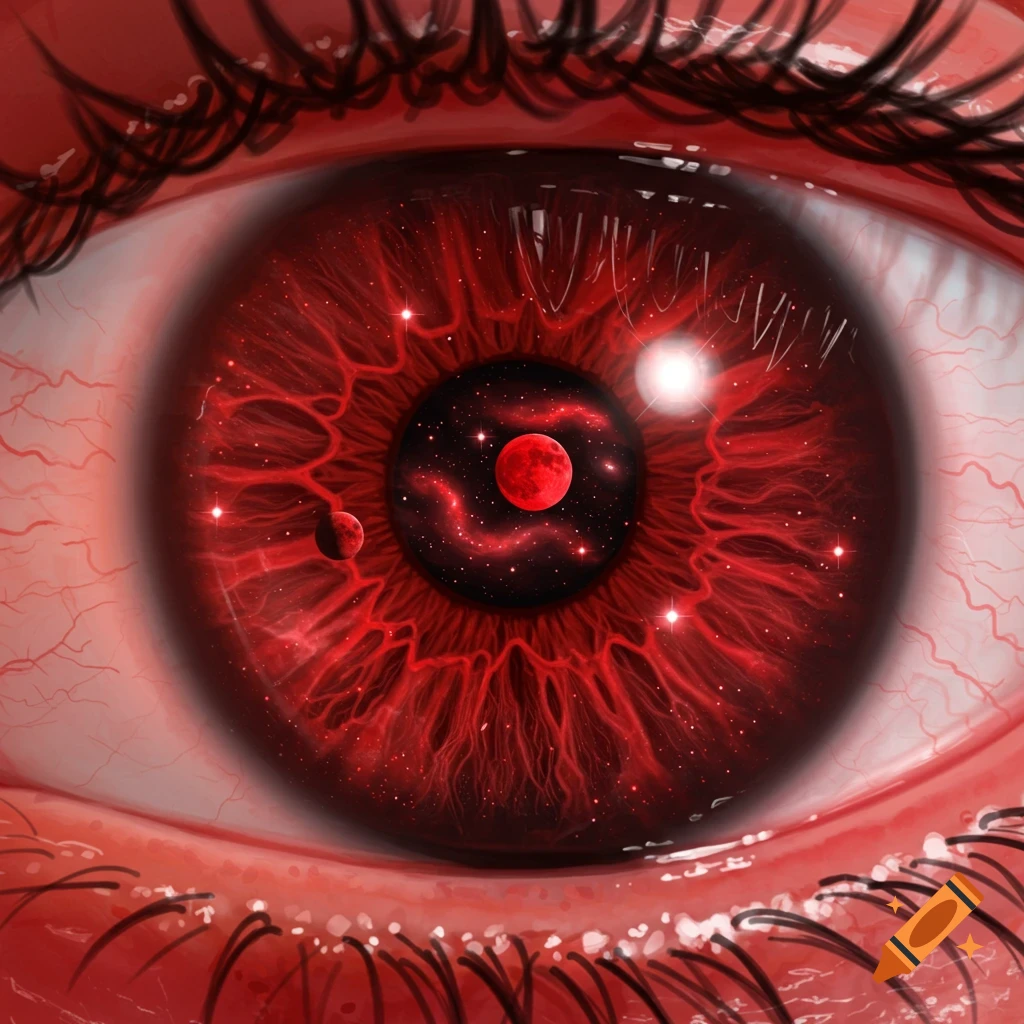 Close-up of a red eye with a red space scene including planets, stars, and nebula in the pupil and iris.