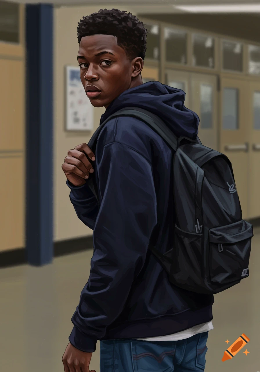 A young Black man with a backpack looks over his shoulder in a school hallway, digital painting style.