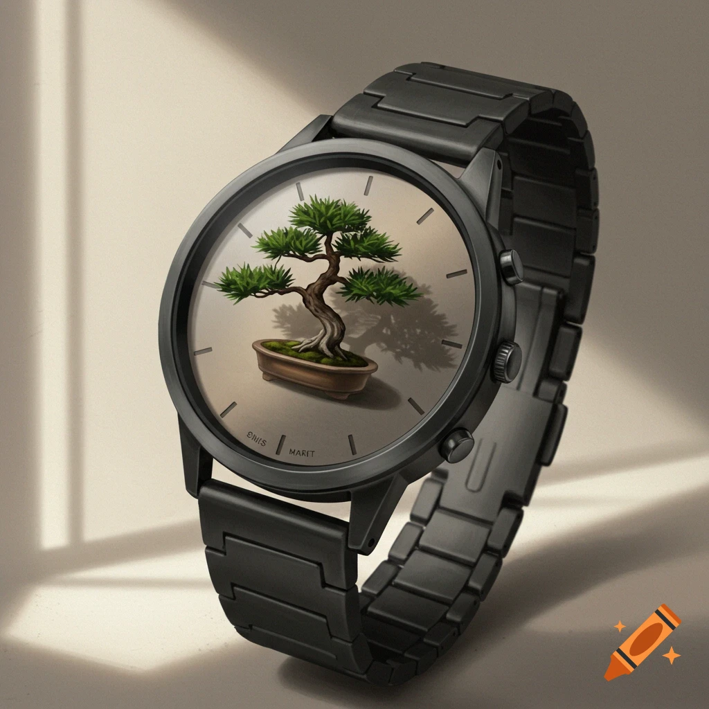 Close-up digital painting of a black wristwatch with a bonsai tree on the watch face.