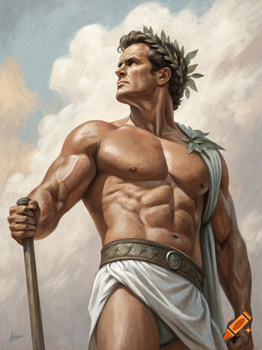 Painting of a muscular man wearing a laurel wreath and classical attire, holding a staff.