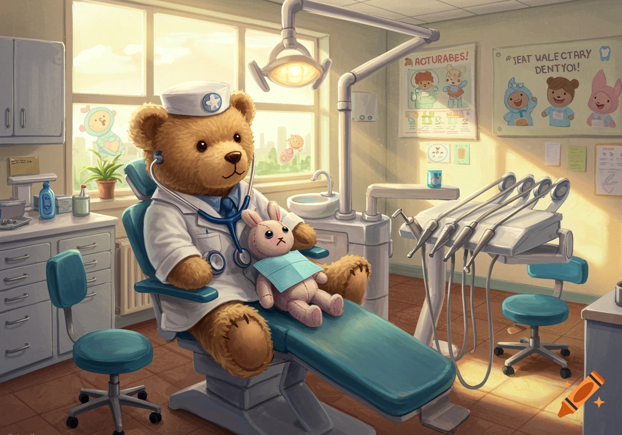 An illustration of a teddy bear wearing a dentist's uniform sitting in a dental chair with a rabbit toy in a sunny office.