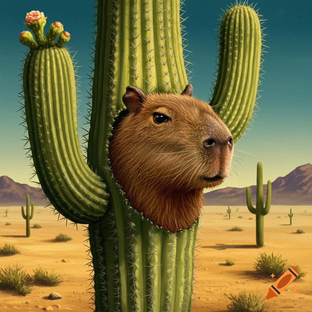 A capybara head sticks out of a large saguaro cactus in a desert landscape.